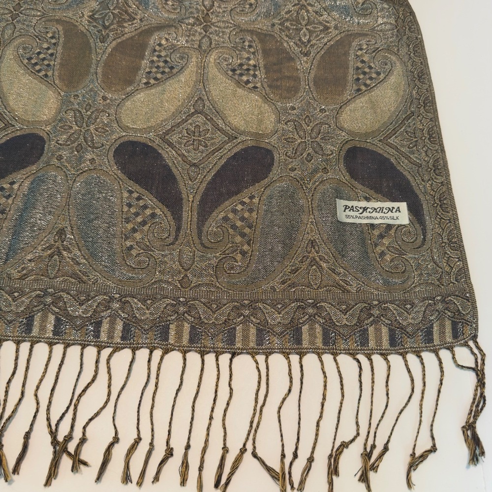 Pashmina Silk Paisley Scarf Gold Bronze Grey Metallic Jacquard Fringe Wrap Shawl - Picture 3 of 9
